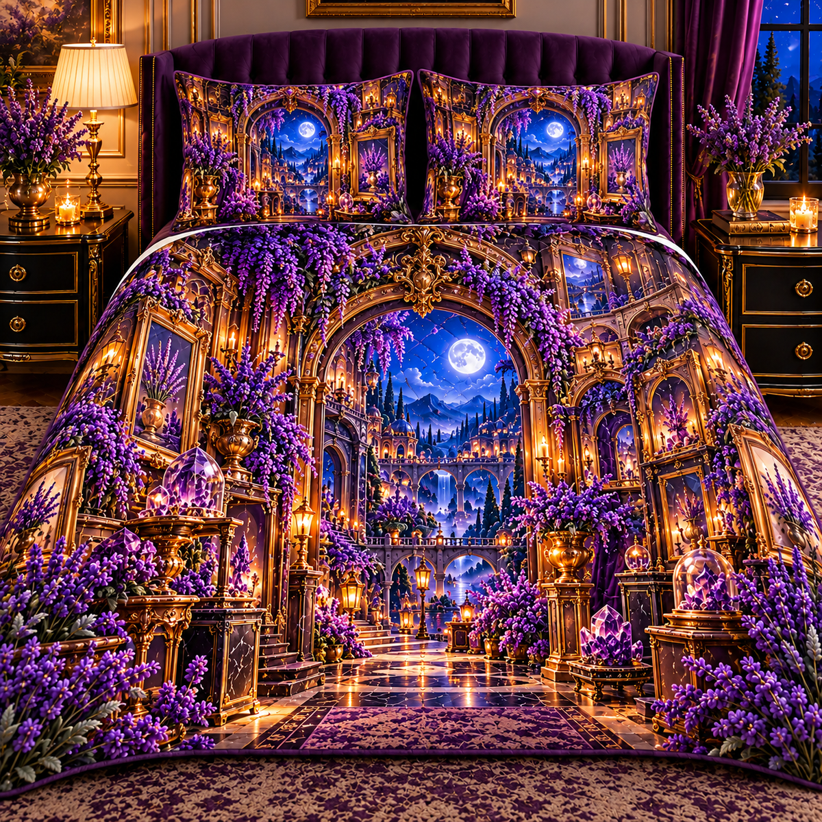 Lavender Nocturne Salon Quilted Bedding Set with printed optical 3D artwork in its use setting