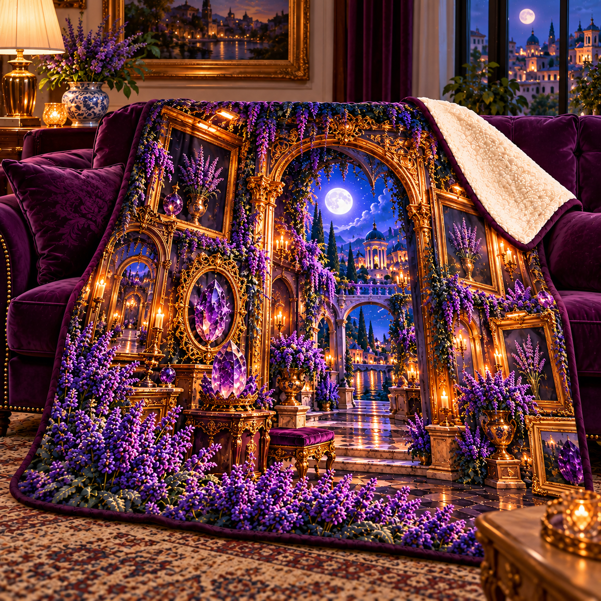 Lavender Nocturne Salon Sherpa & Fleece Blanket with printed optical 3D artwork in its use setting