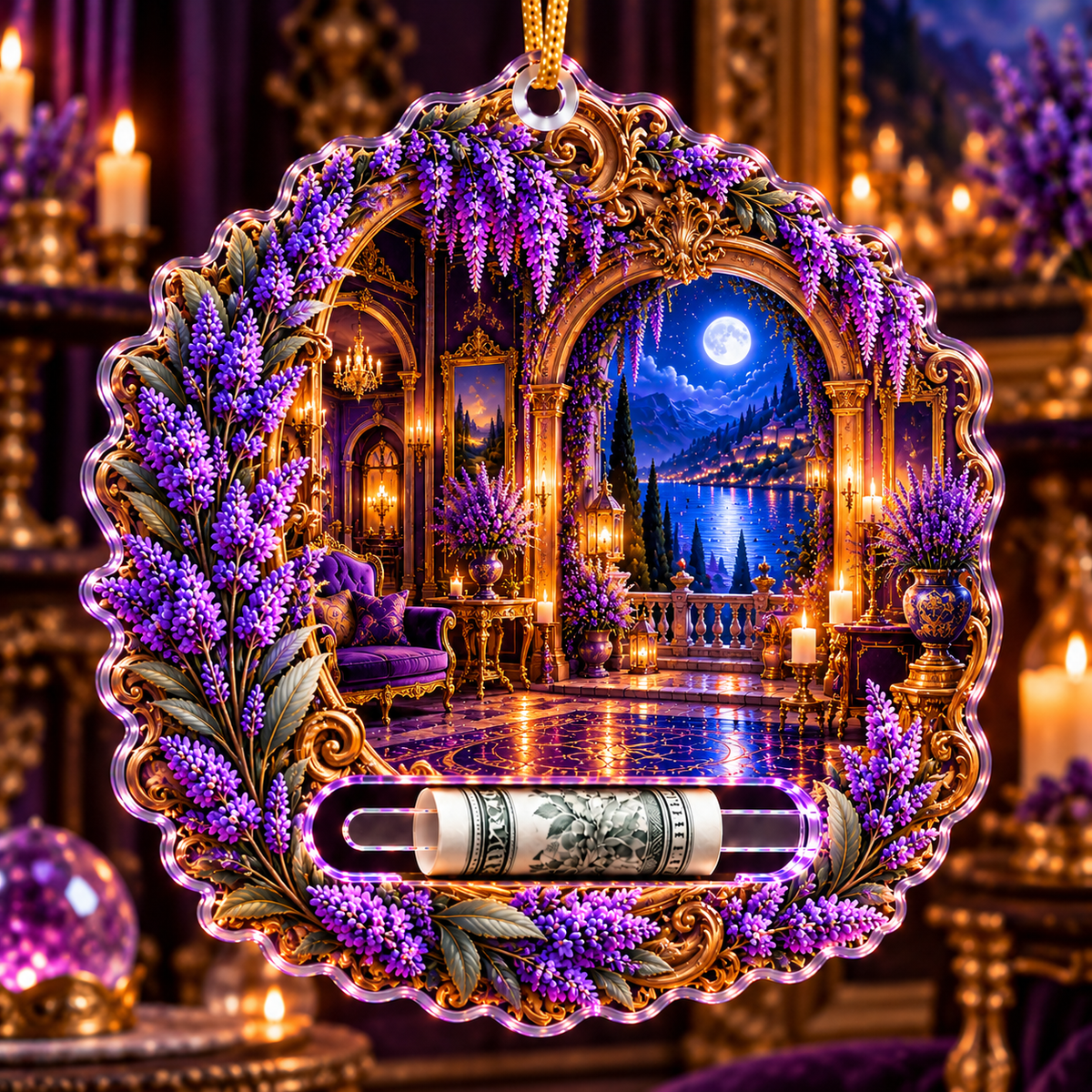 Lavender Nocturne Salon Acrylic Cash Holder Ornament with printed optical 3D artwork in its use setting
