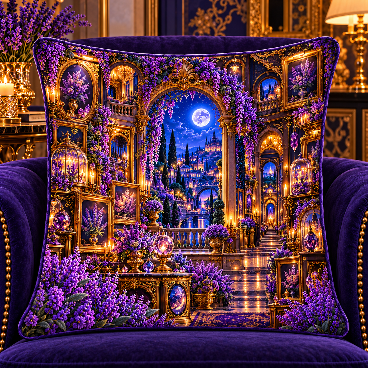 Lavender Nocturne Salon Quilted Cushion Cover with printed optical 3D artwork in its use setting