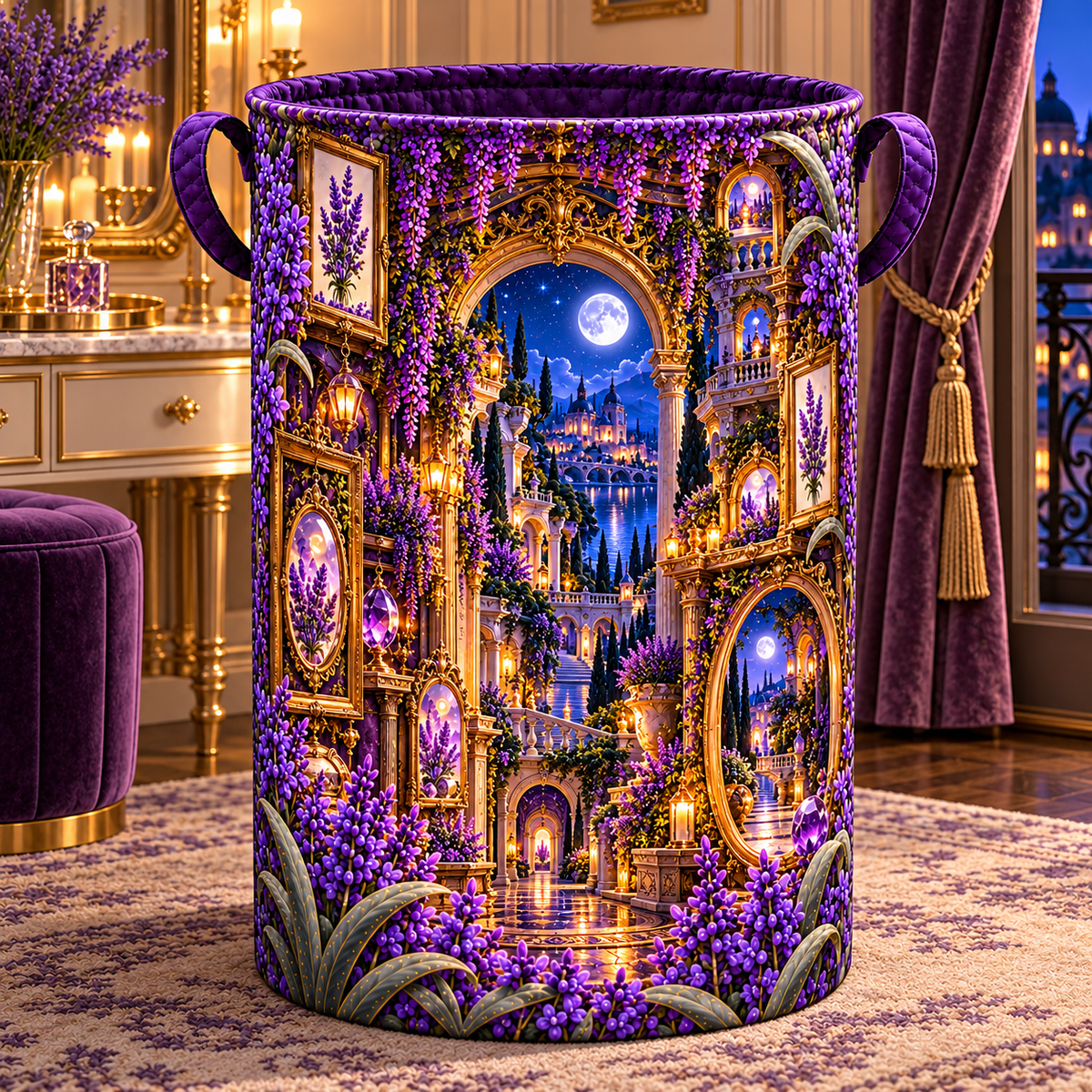 Lavender Nocturne Salon Laundry Hamper with printed optical 3D artwork in its use setting
