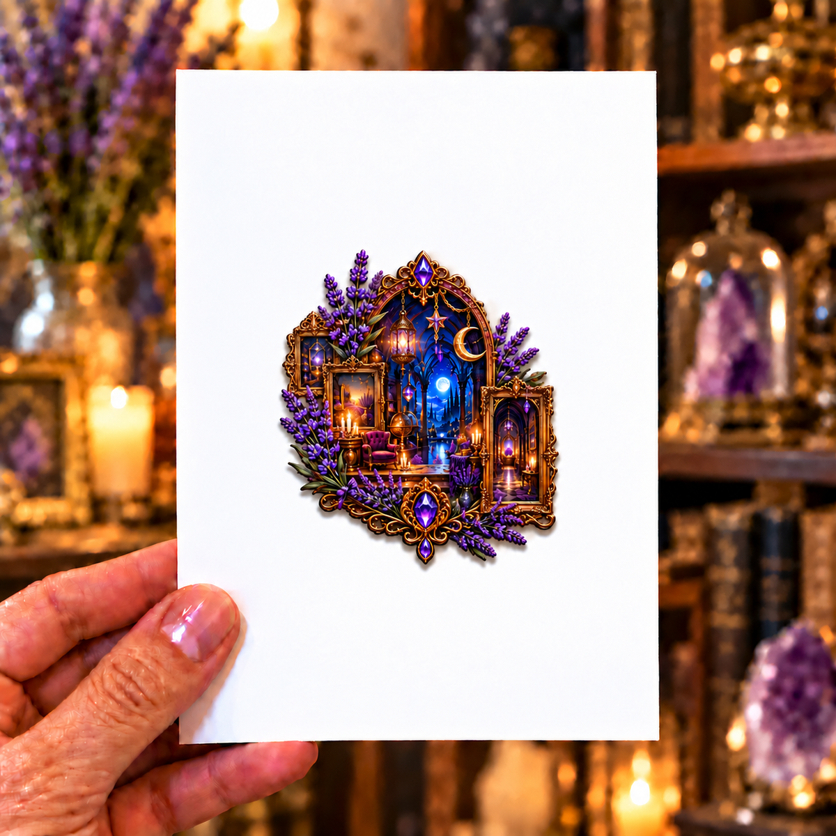 Lavender Nocturne Salon Acrylic Refrigerator Magnet with printed optical 3D artwork in its use setting