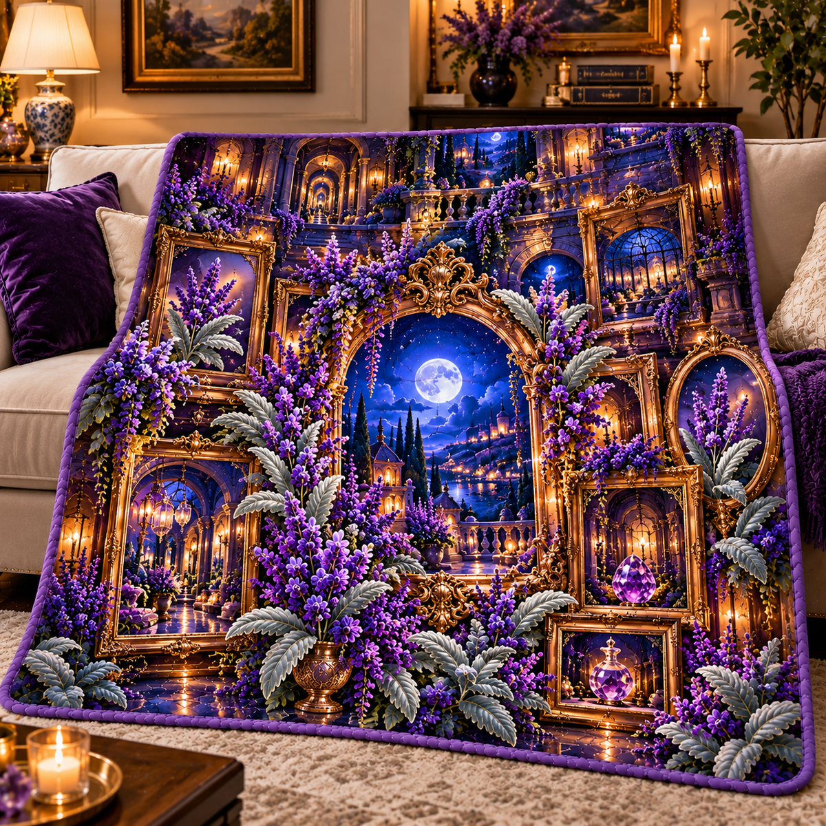 Lavender Nocturne Salon Quilt Blanket with printed optical 3D artwork in its use setting