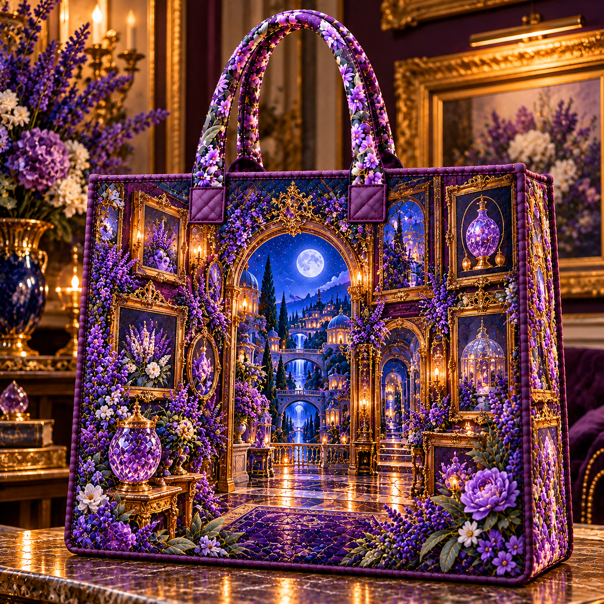 Lavender Nocturne Salon Quilted Tote Bag with printed optical 3D artwork in its use setting