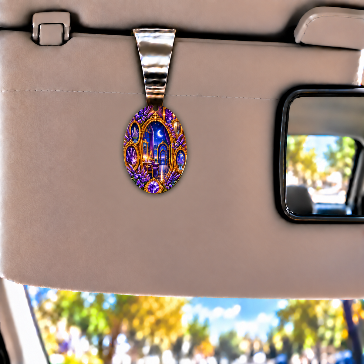 Lavender Nocturne Salon Holographic Car Visor Clip with printed optical 3D artwork in its use setting