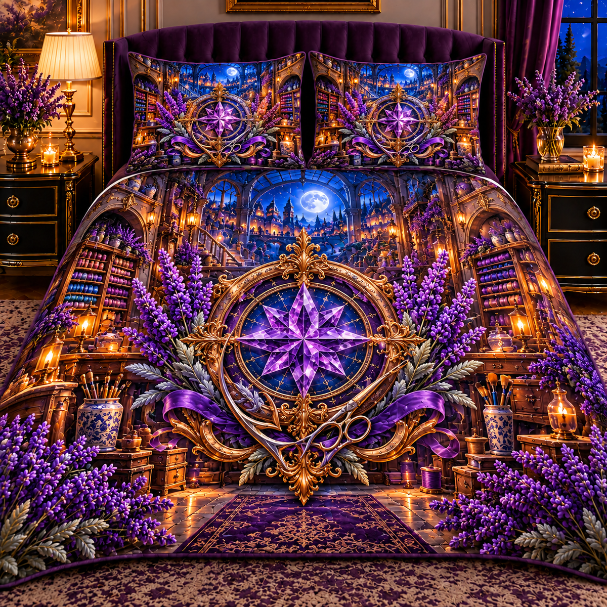 Lavender Atelier Sigil Quilted Bedding Set with printed optical 3D artwork in its use setting