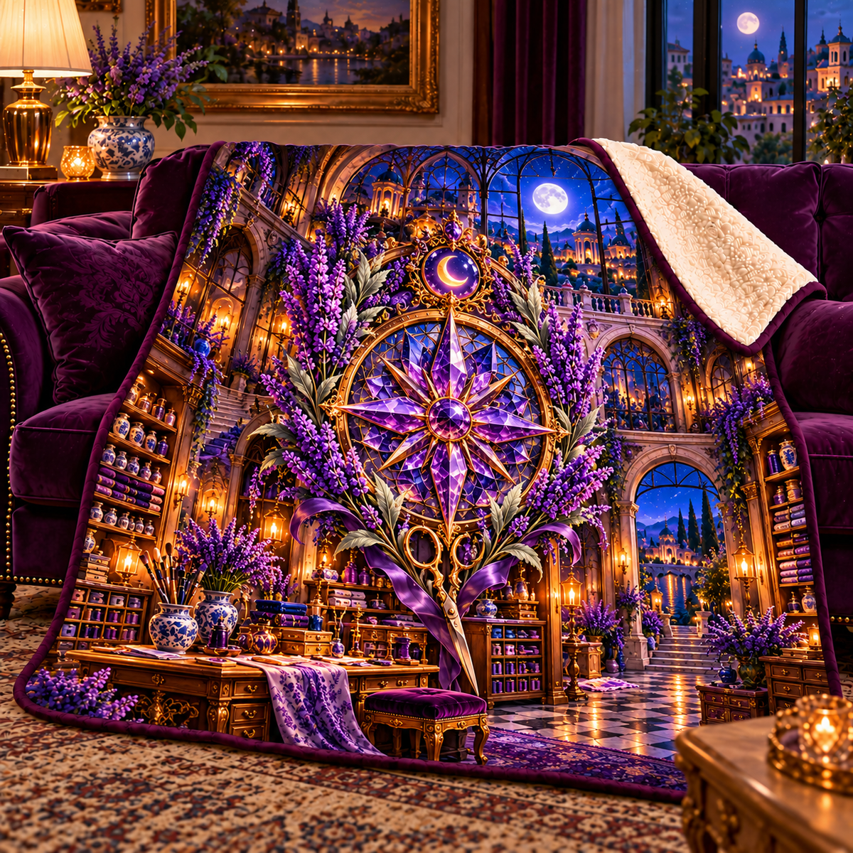 Lavender Atelier Sigil Sherpa & Fleece Blanket with printed optical 3D artwork in its use setting