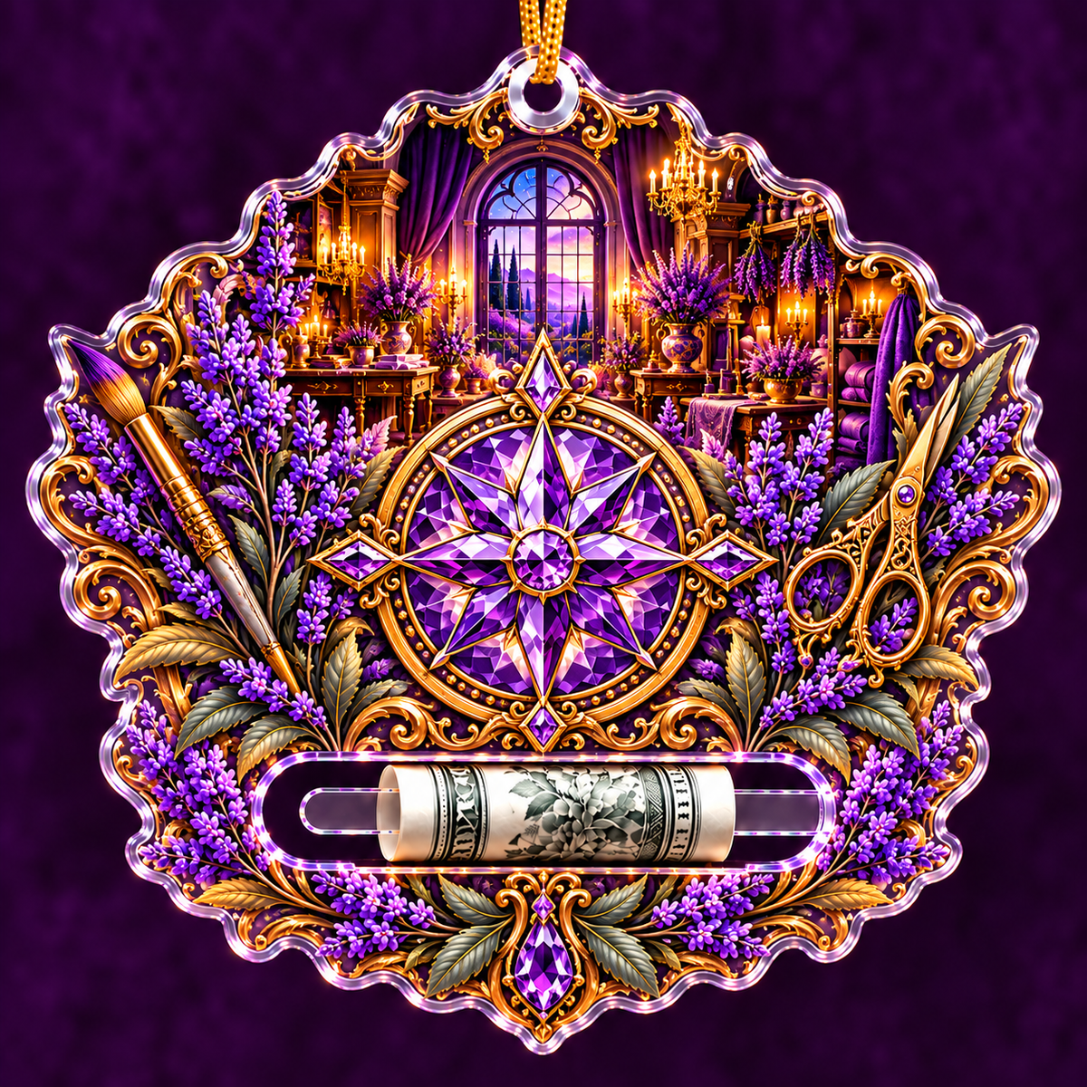 Lavender Atelier Sigil Acrylic Cash Holder Ornament with printed optical 3D artwork in its use setting