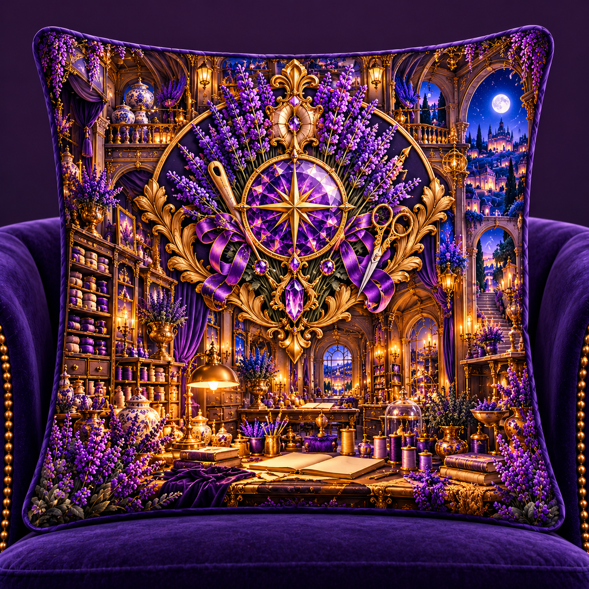 Lavender Atelier Sigil Quilted Cushion Cover with printed optical 3D artwork in its use setting