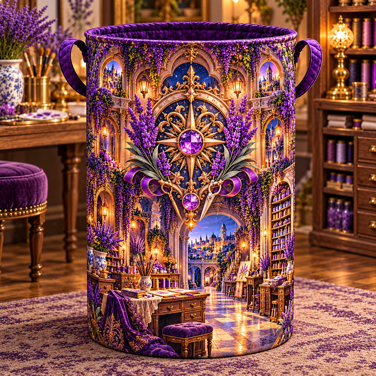 Lavender Atelier Sigil Laundry Hamper with printed optical 3D artwork in its use setting