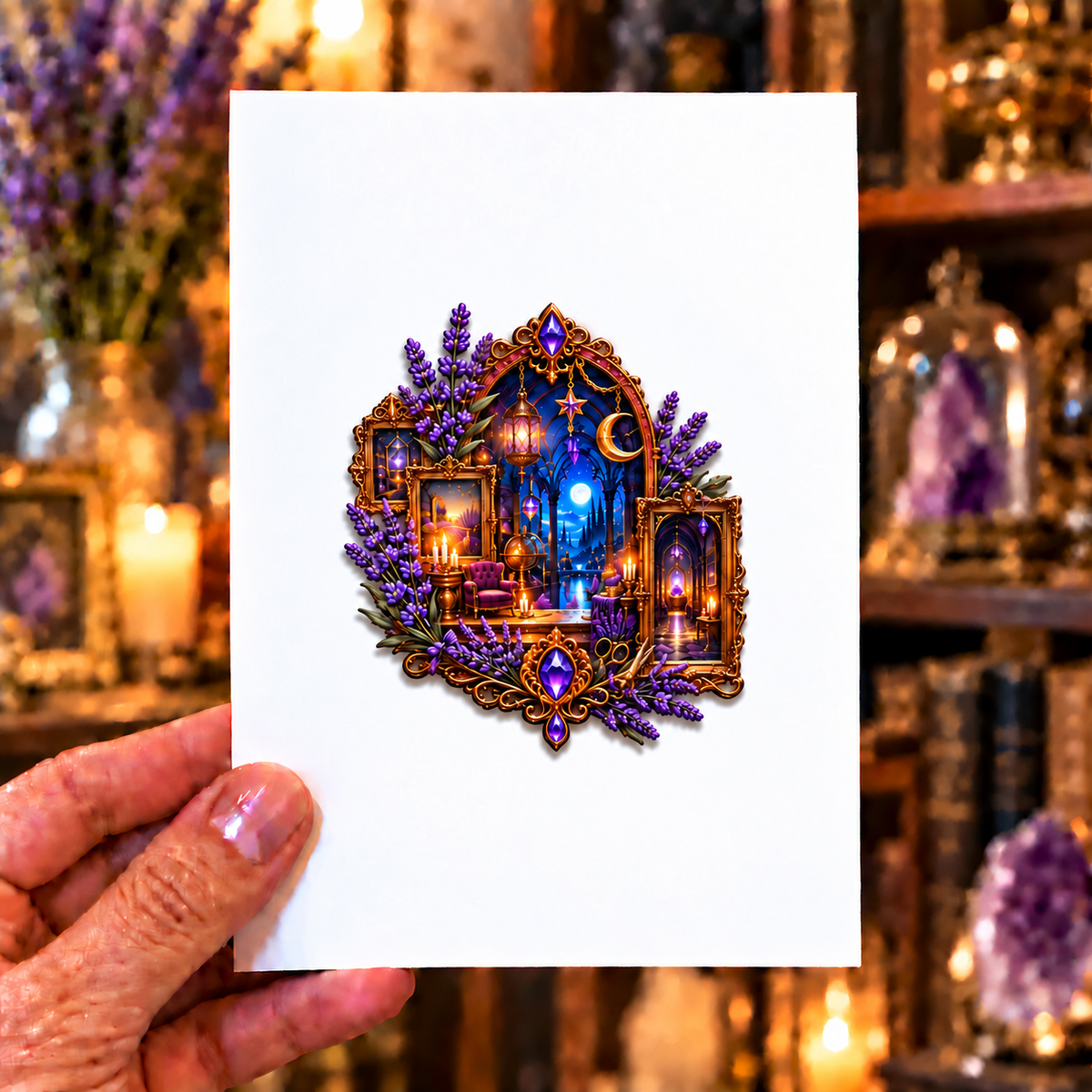 Lavender Atelier Sigil Acrylic Refrigerator Magnet with printed optical 3D artwork in its use setting
