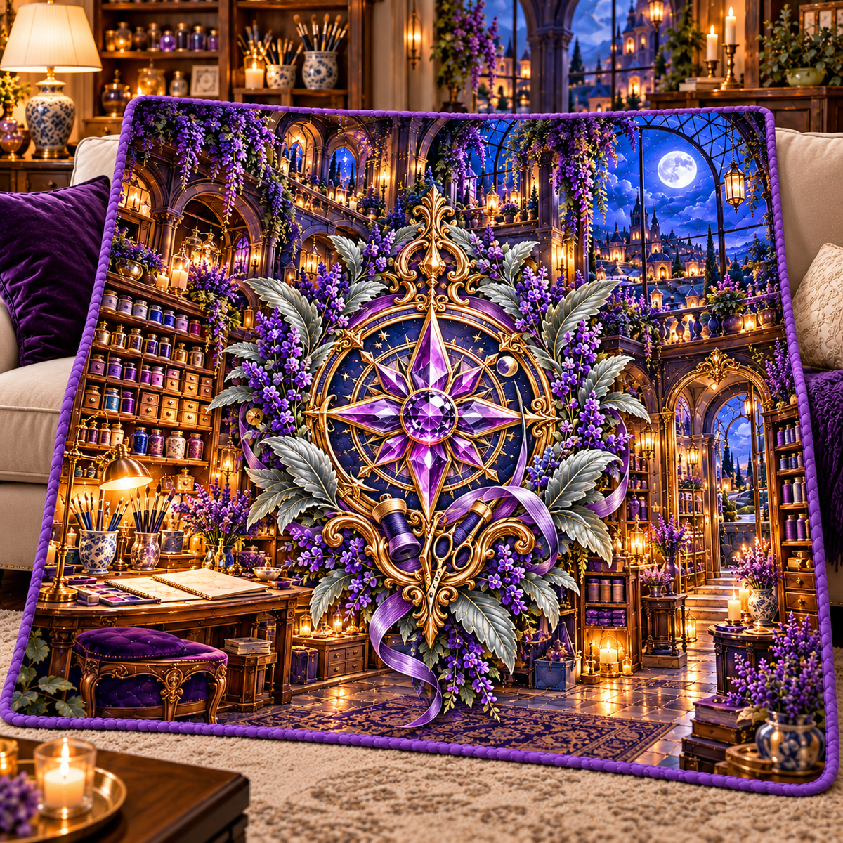 Lavender Atelier Sigil Quilt Blanket with printed optical 3D artwork in its use setting