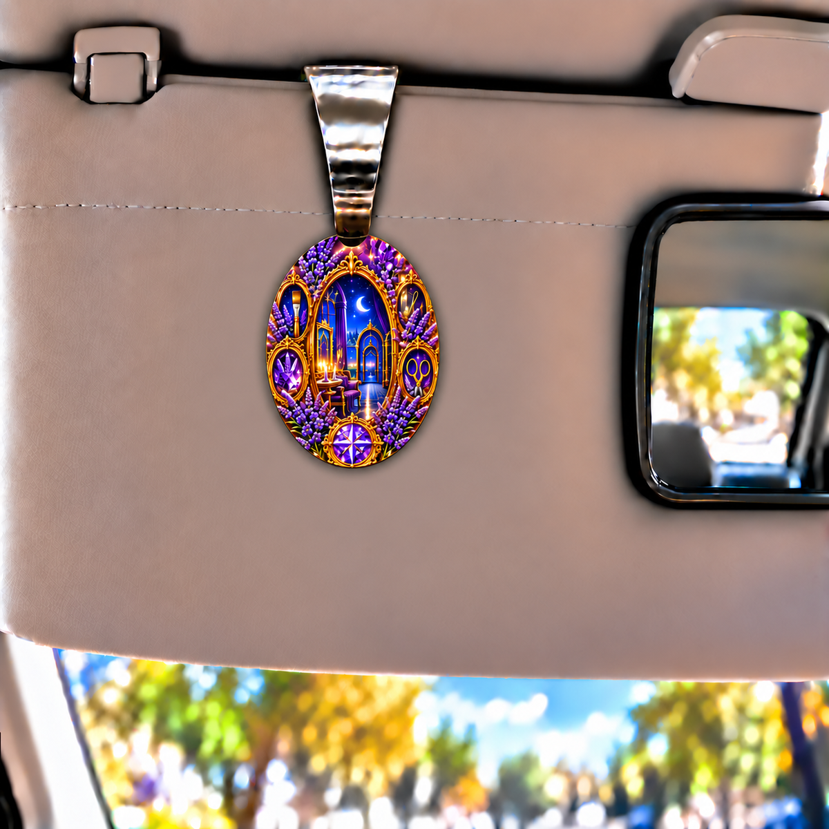 Lavender Atelier Sigil Holographic Car Visor Clip with printed optical 3D artwork in its use setting