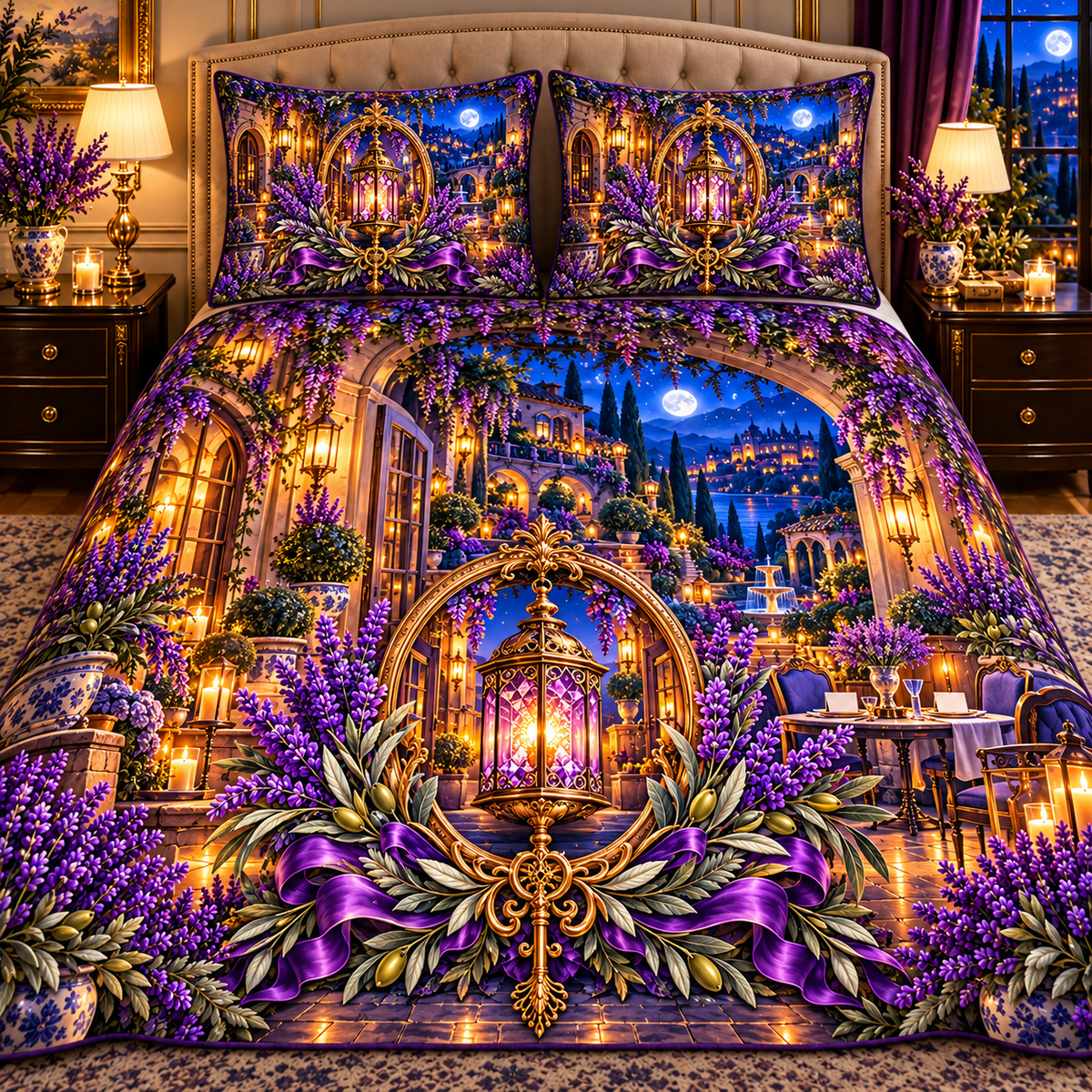 Lavender Gracious Hearth Quilted Bedding Set with printed optical 3D artwork in its use setting