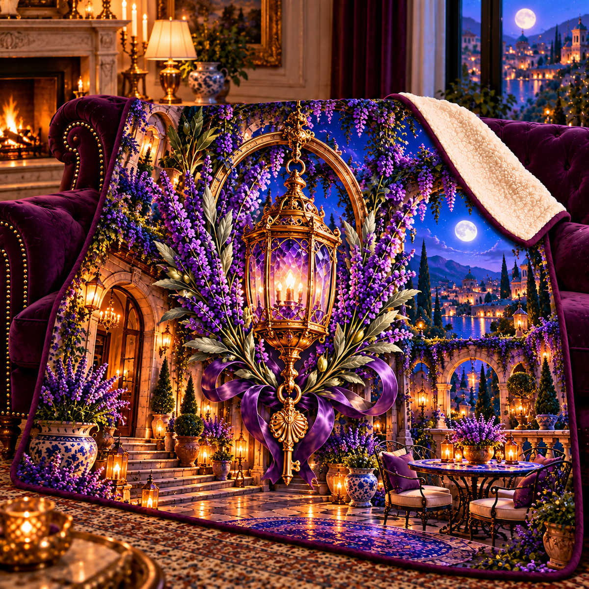Lavender Gracious Hearth Sherpa & Fleece Blanket with printed optical 3D artwork in its use setting