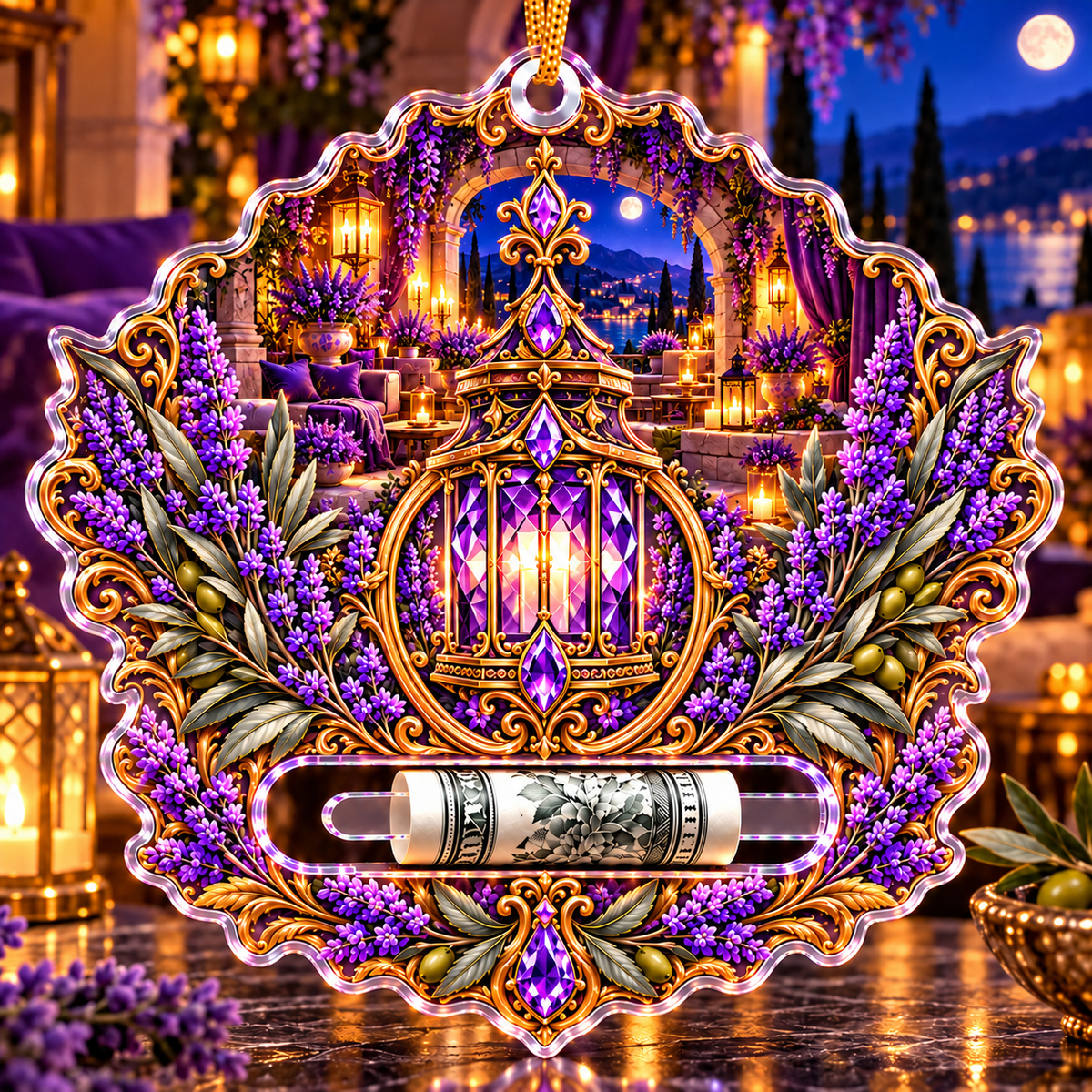 Lavender Gracious Hearth Acrylic Cash Holder Ornament with printed optical 3D artwork in its use setting