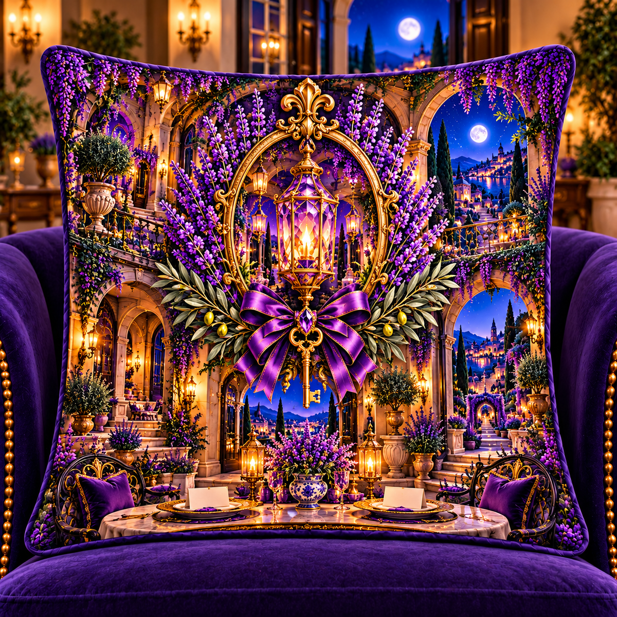 Lavender Gracious Hearth Quilted Cushion Cover with printed optical 3D artwork in its use setting