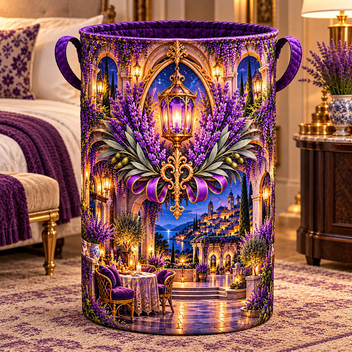 Lavender Gracious Hearth Laundry Hamper with printed optical 3D artwork in its use setting