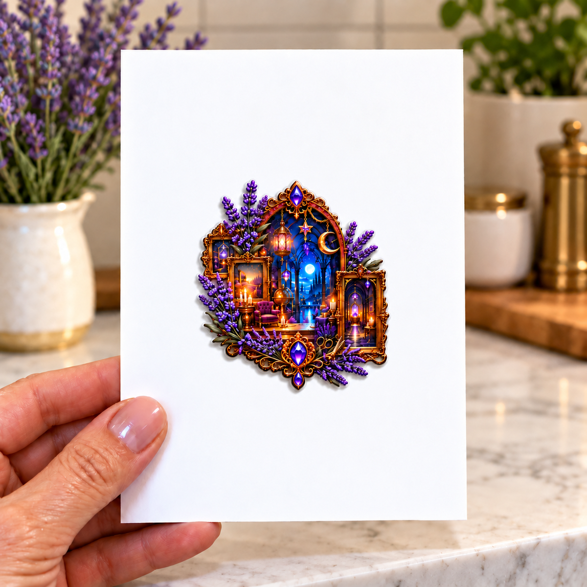 Lavender Gracious Hearth Acrylic Refrigerator Magnet with printed optical 3D artwork in its use setting