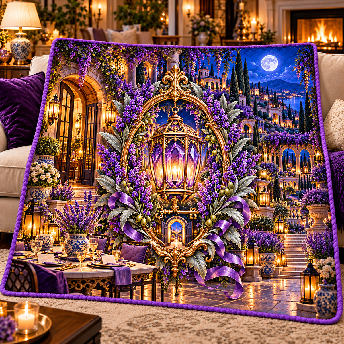Lavender Gracious Hearth Quilt Blanket with printed optical 3D artwork in its use setting