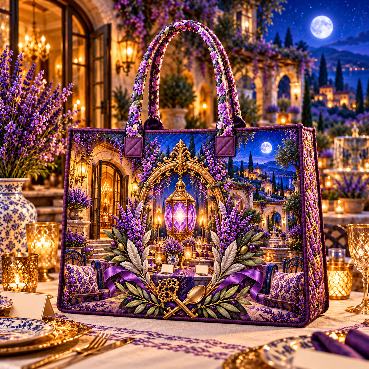 Lavender Gracious Hearth Quilted Tote Bag with printed optical 3D artwork in its use setting
