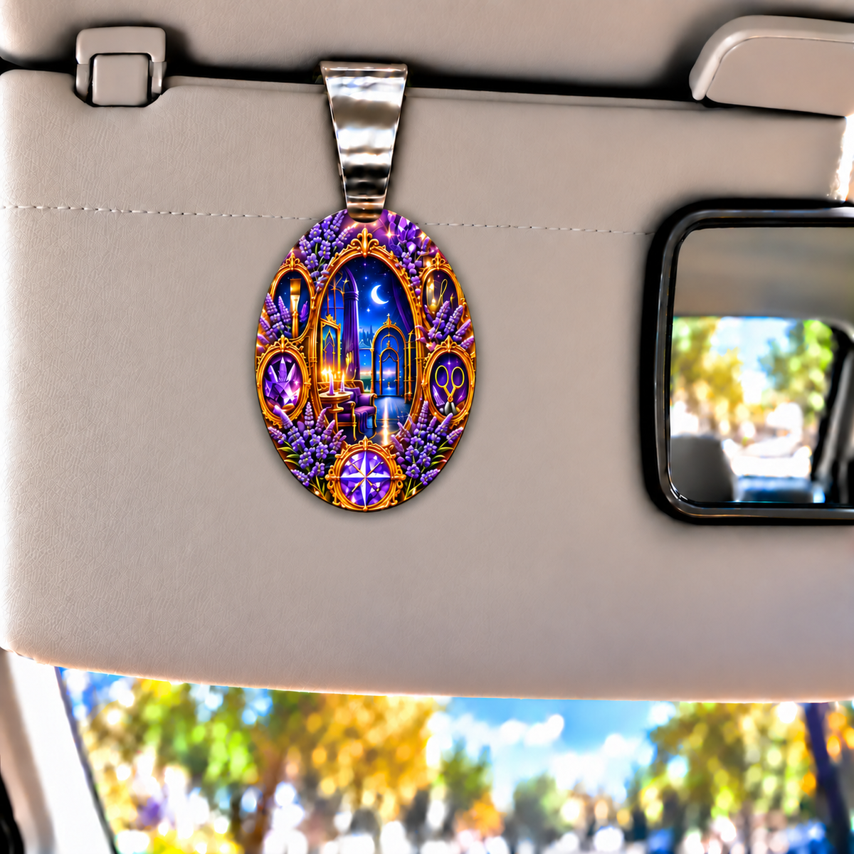 Lavender Gracious Hearth Holographic Car Visor Clip with printed optical 3D artwork in its use setting