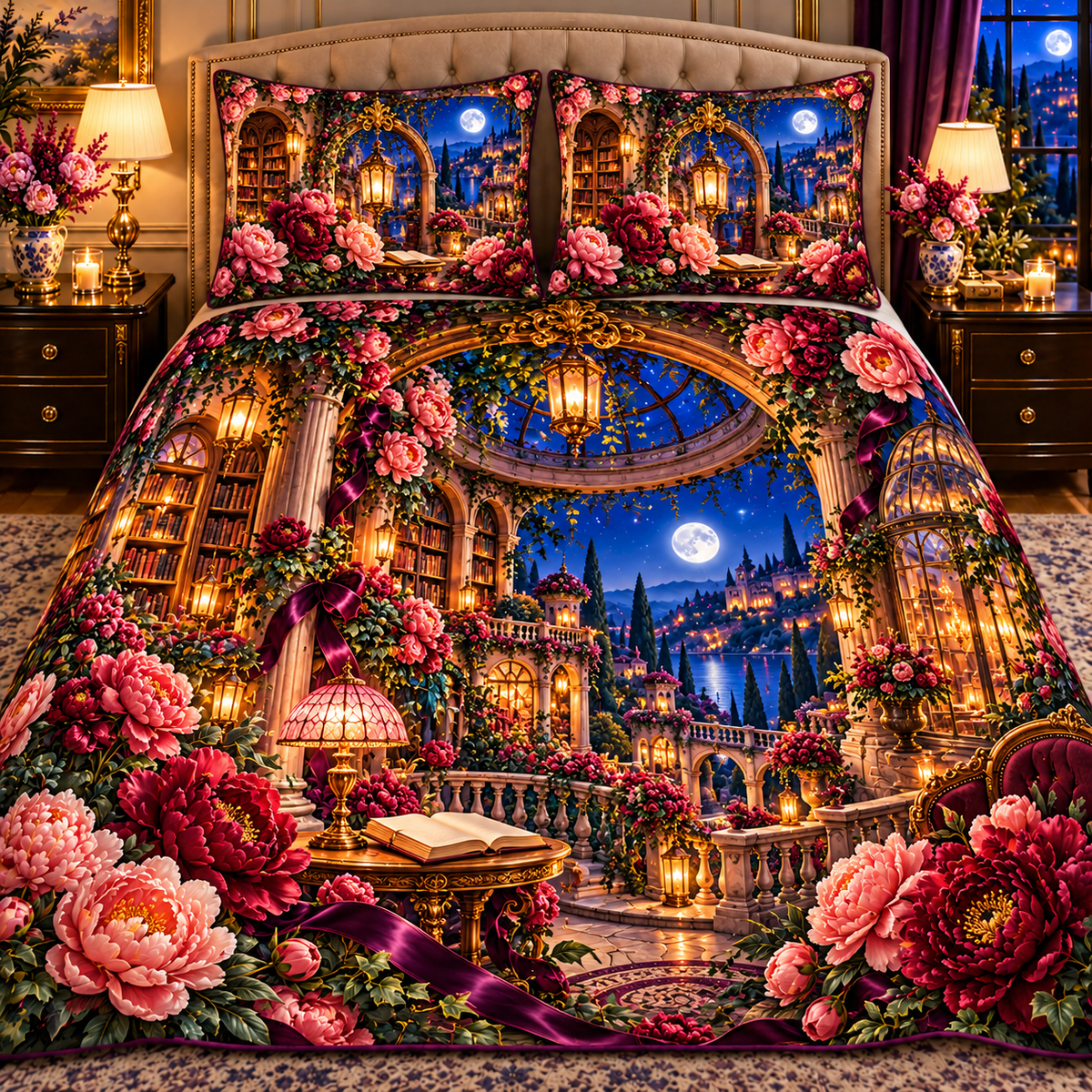 Peony Storybook Rotunda Quilted Bedding Set with printed optical 3D artwork in its use setting