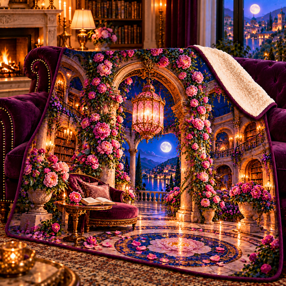 Peony Storybook Rotunda Sherpa & Fleece Blanket with printed optical 3D artwork in its use setting