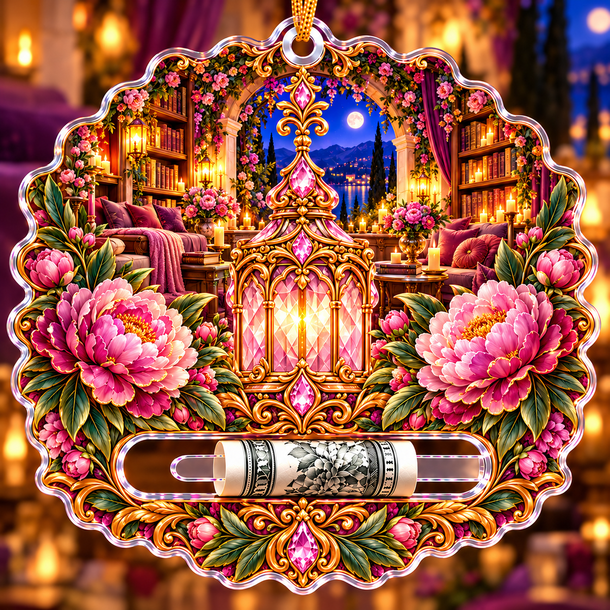 Peony Storybook Rotunda Acrylic Cash Holder Ornament with printed optical 3D artwork in its use setting