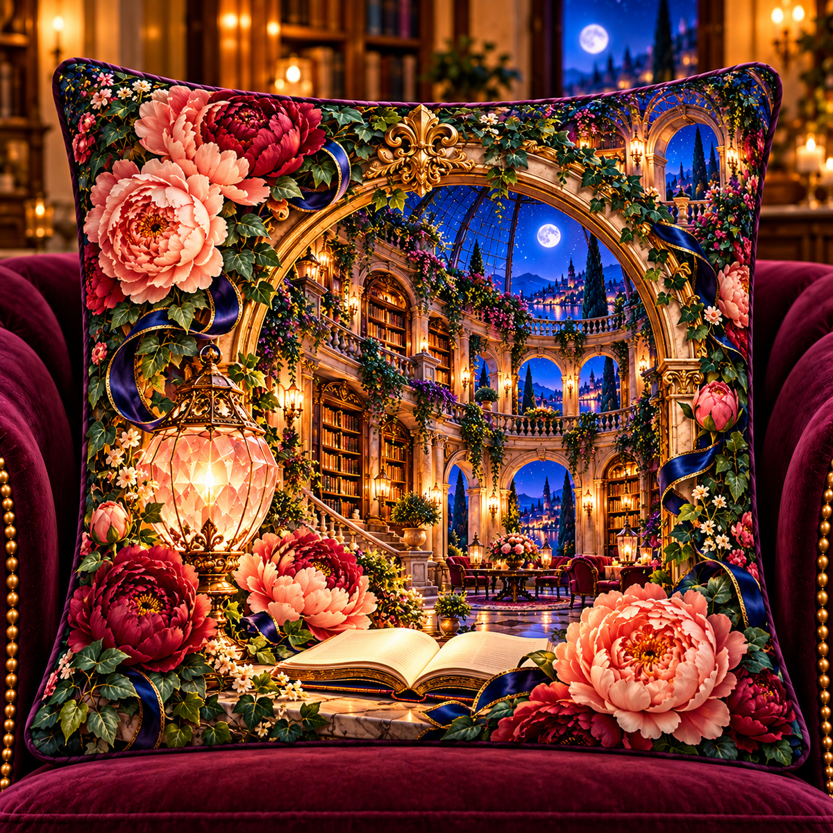 Peony Storybook Rotunda Quilted Cushion Cover with printed optical 3D artwork in its use setting