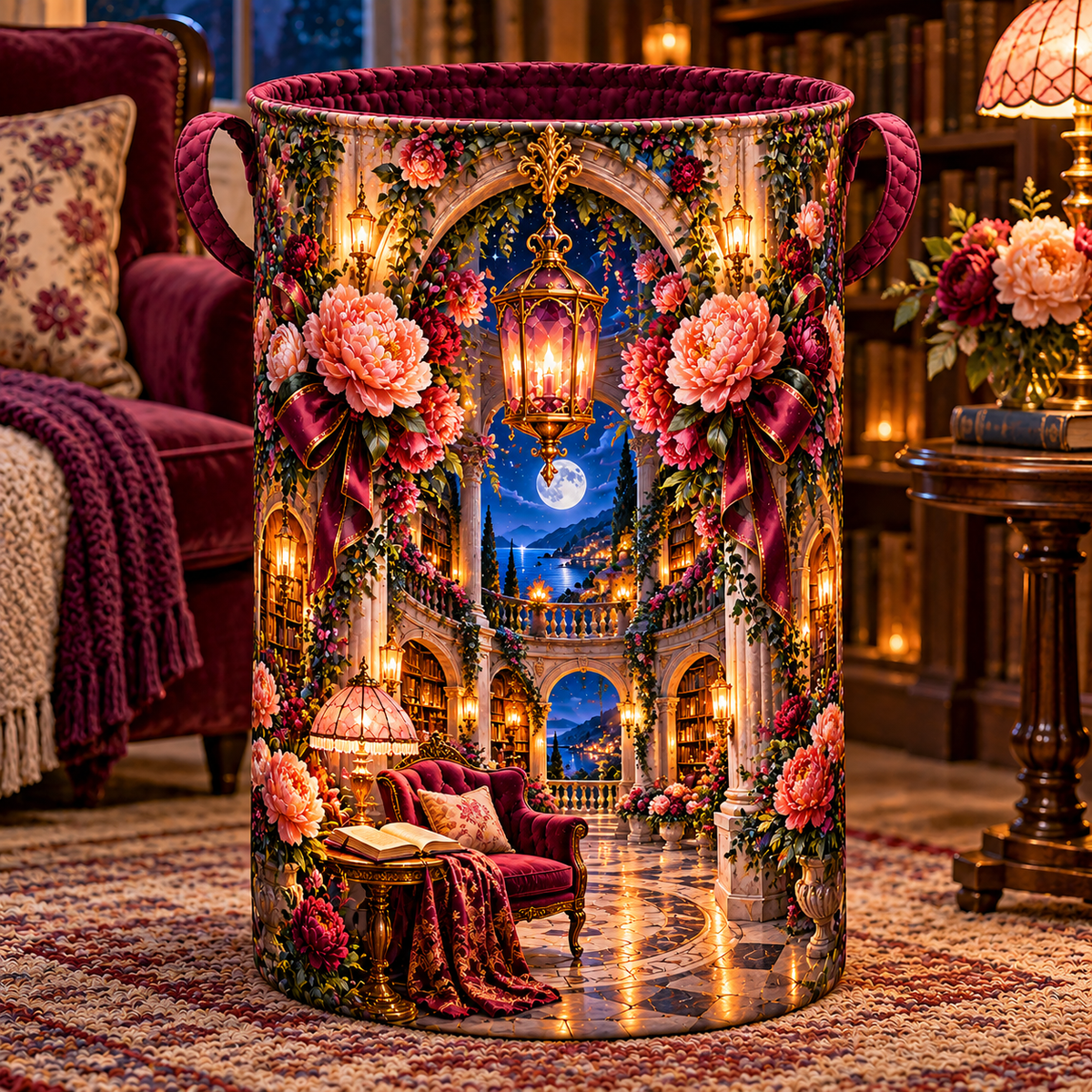 Peony Storybook Rotunda Laundry Hamper with printed optical 3D artwork in its use setting