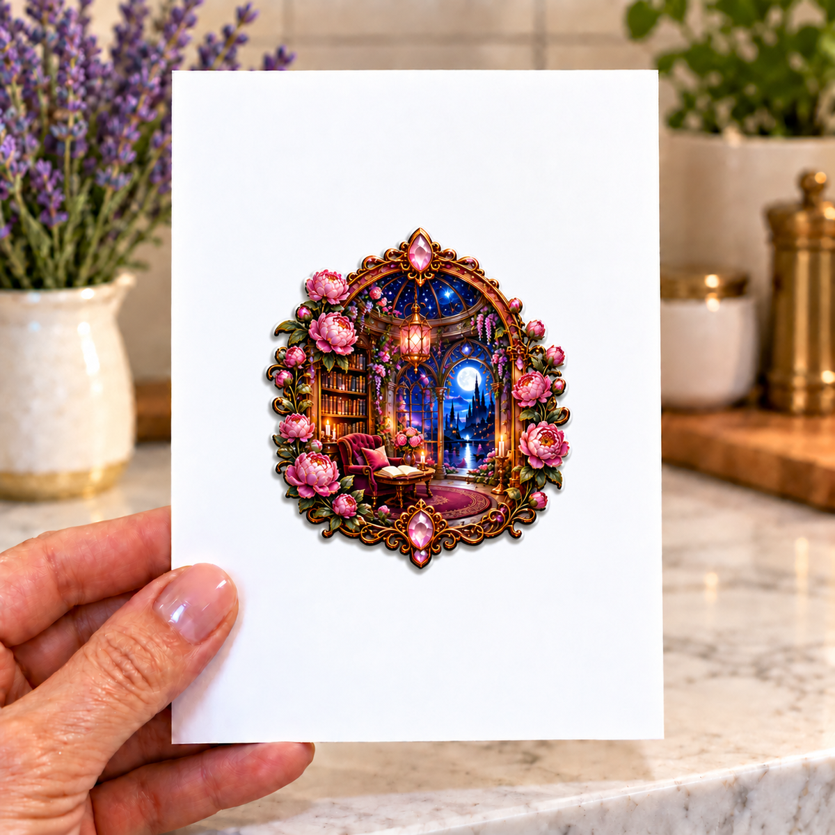 Peony Storybook Rotunda Acrylic Refrigerator Magnet with printed optical 3D artwork in its use setting