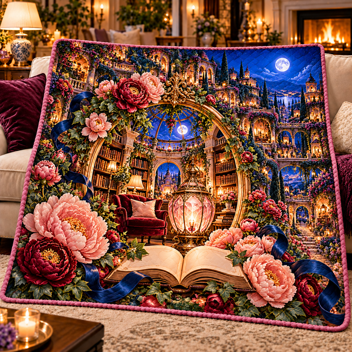 Peony Storybook Rotunda Quilt Blanket with printed optical 3D artwork in its use setting