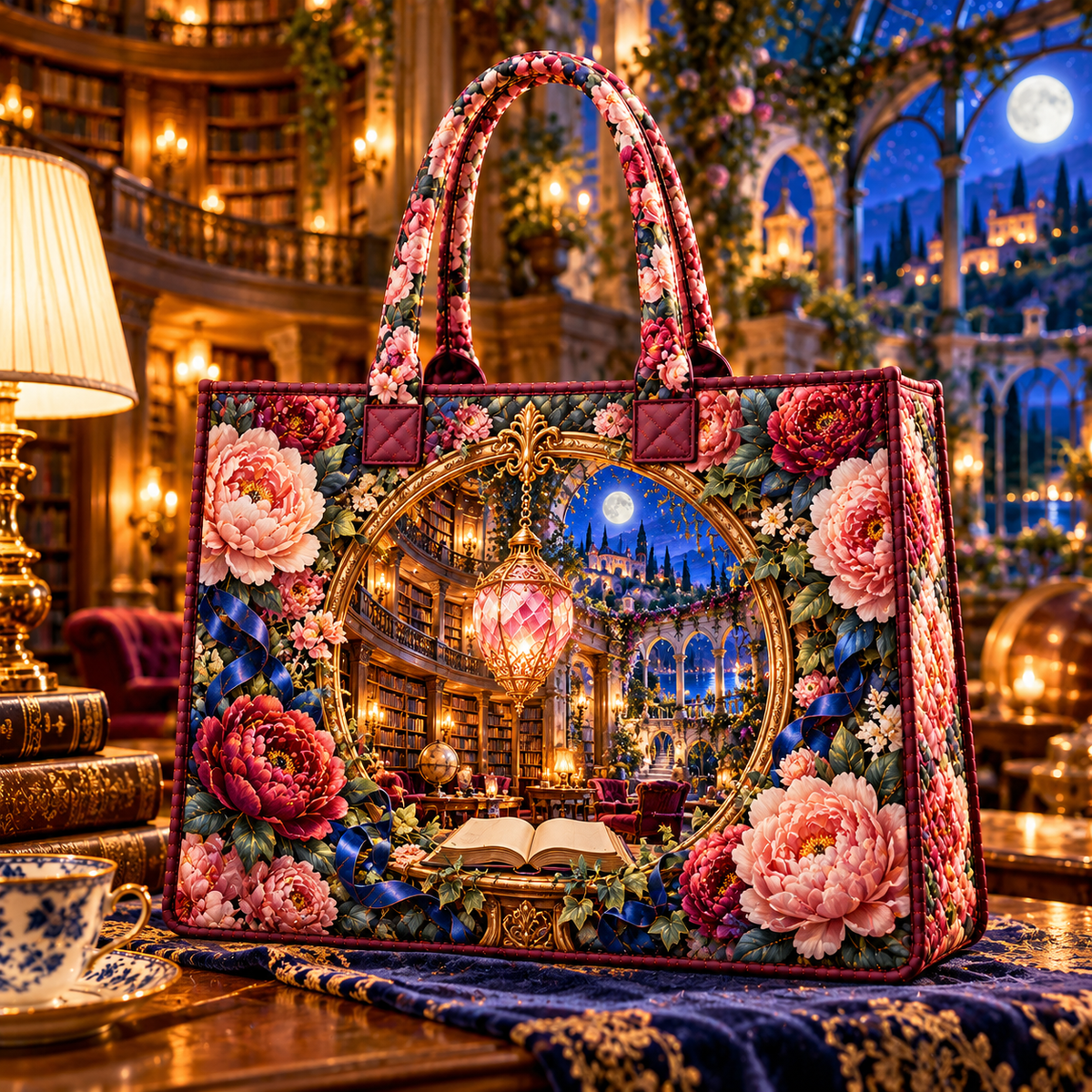 Peony Storybook Rotunda Quilted Tote Bag with printed optical 3D artwork in its use setting