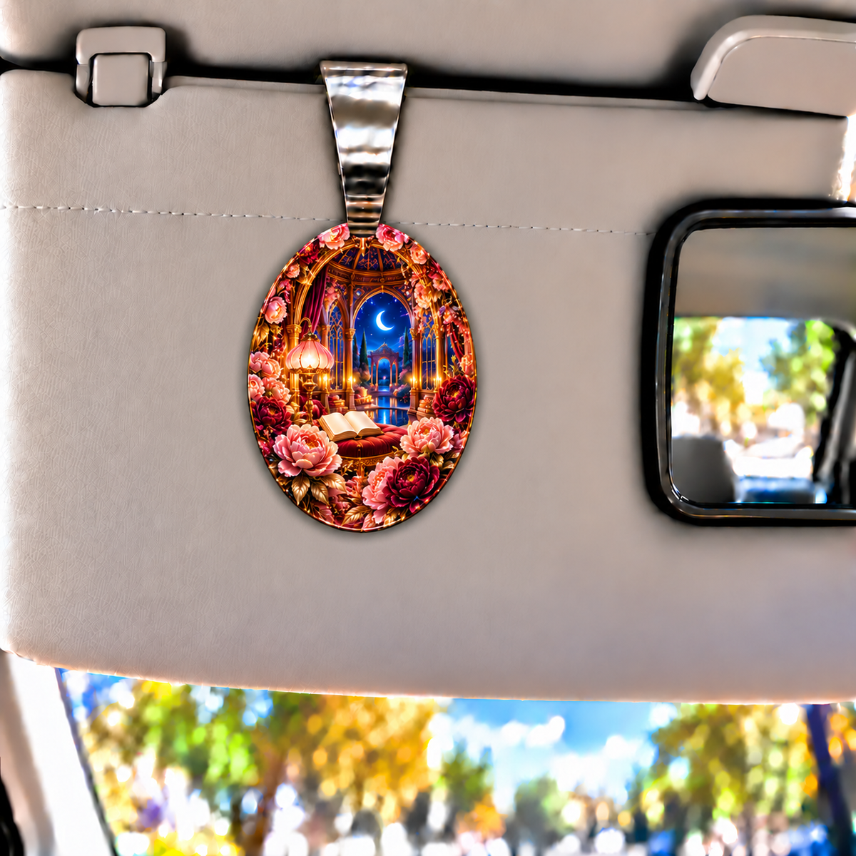 Peony Storybook Rotunda Holographic Car Visor Clip with printed optical 3D artwork in its use setting
