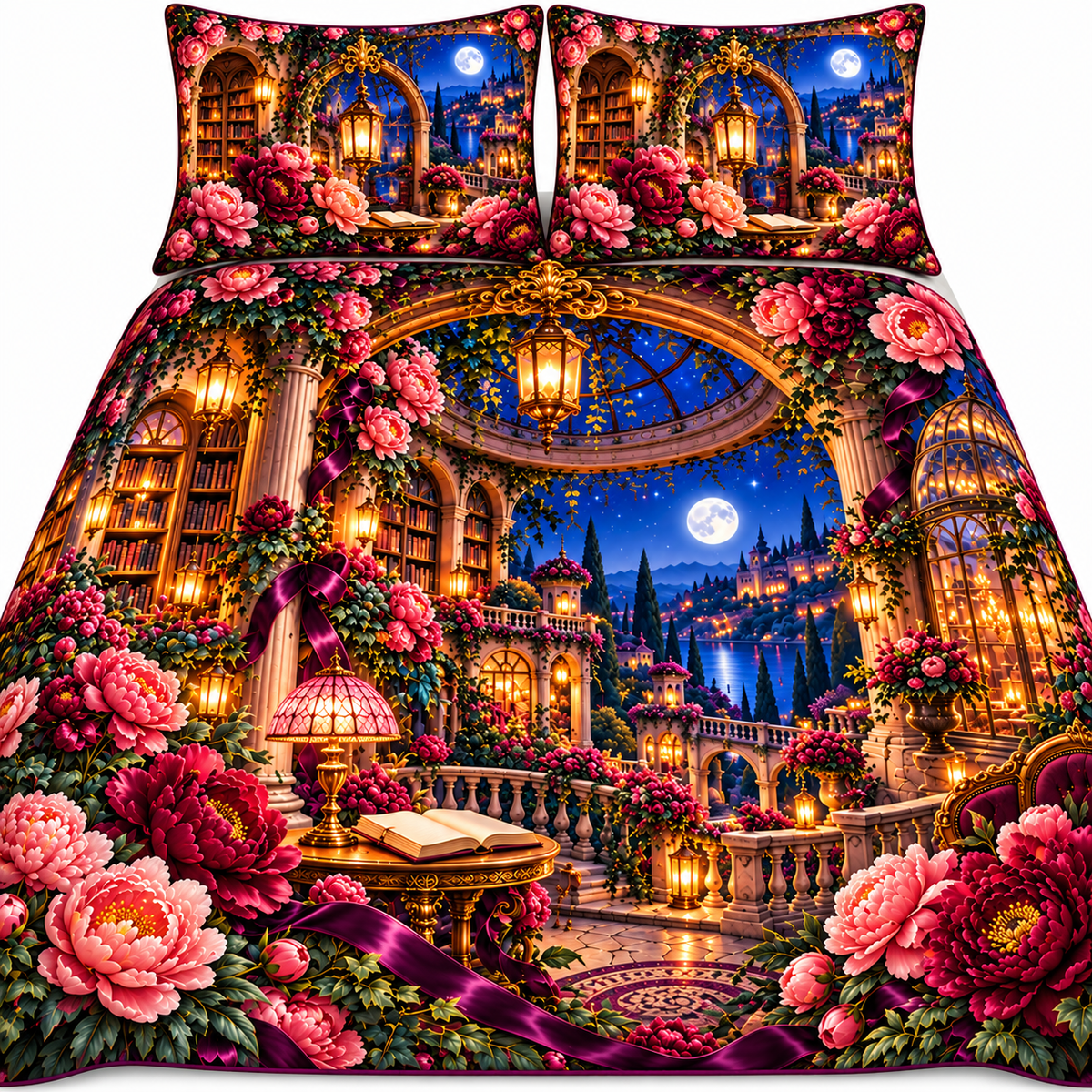 Peony Moon Palace Canopy Quilted Bedding Set with printed optical 3D artwork in its use setting