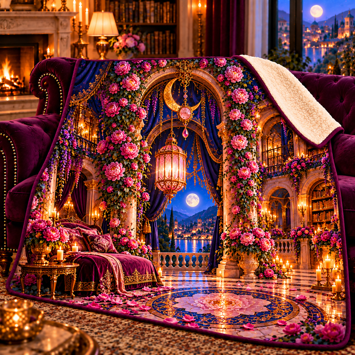 Peony Moon Palace Canopy Sherpa & Fleece Blanket with printed optical 3D artwork in its use setting