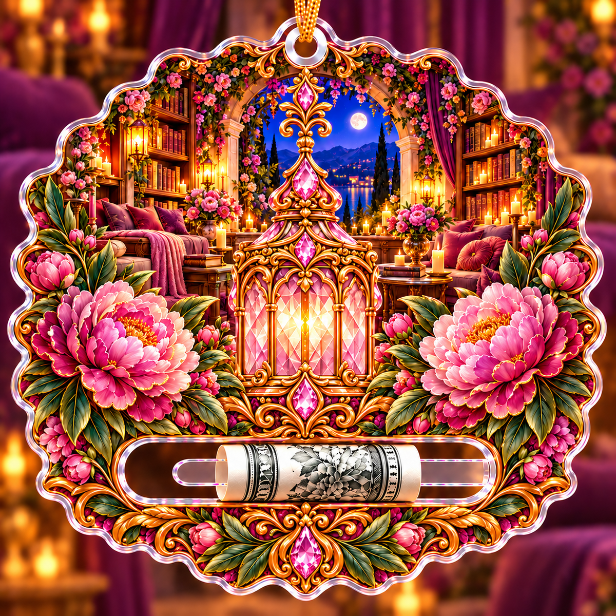 Peony Moon Palace Canopy Acrylic Cash Holder Ornament with printed optical 3D artwork in its use setting