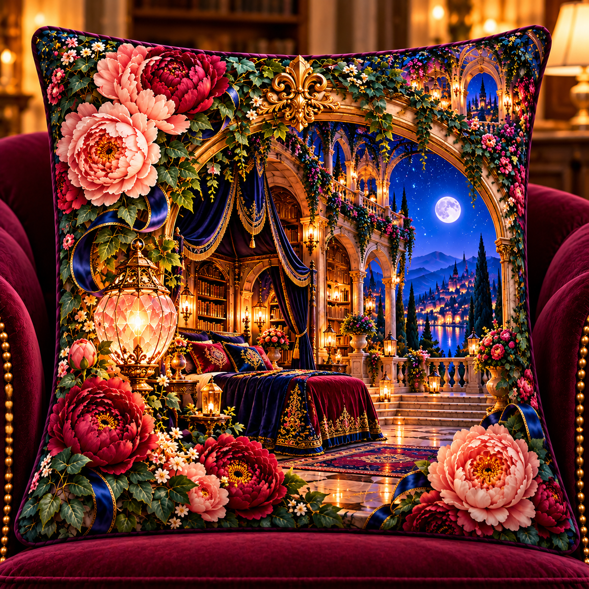 Peony Moon Palace Canopy Quilted Cushion Cover with printed optical 3D artwork in its use setting