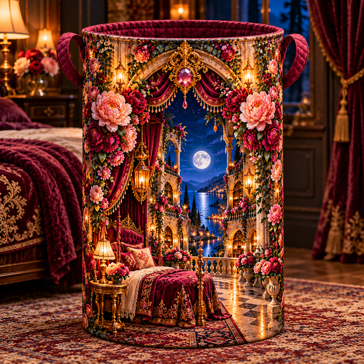 Peony Moon Palace Canopy Laundry Hamper with printed optical 3D artwork in its use setting