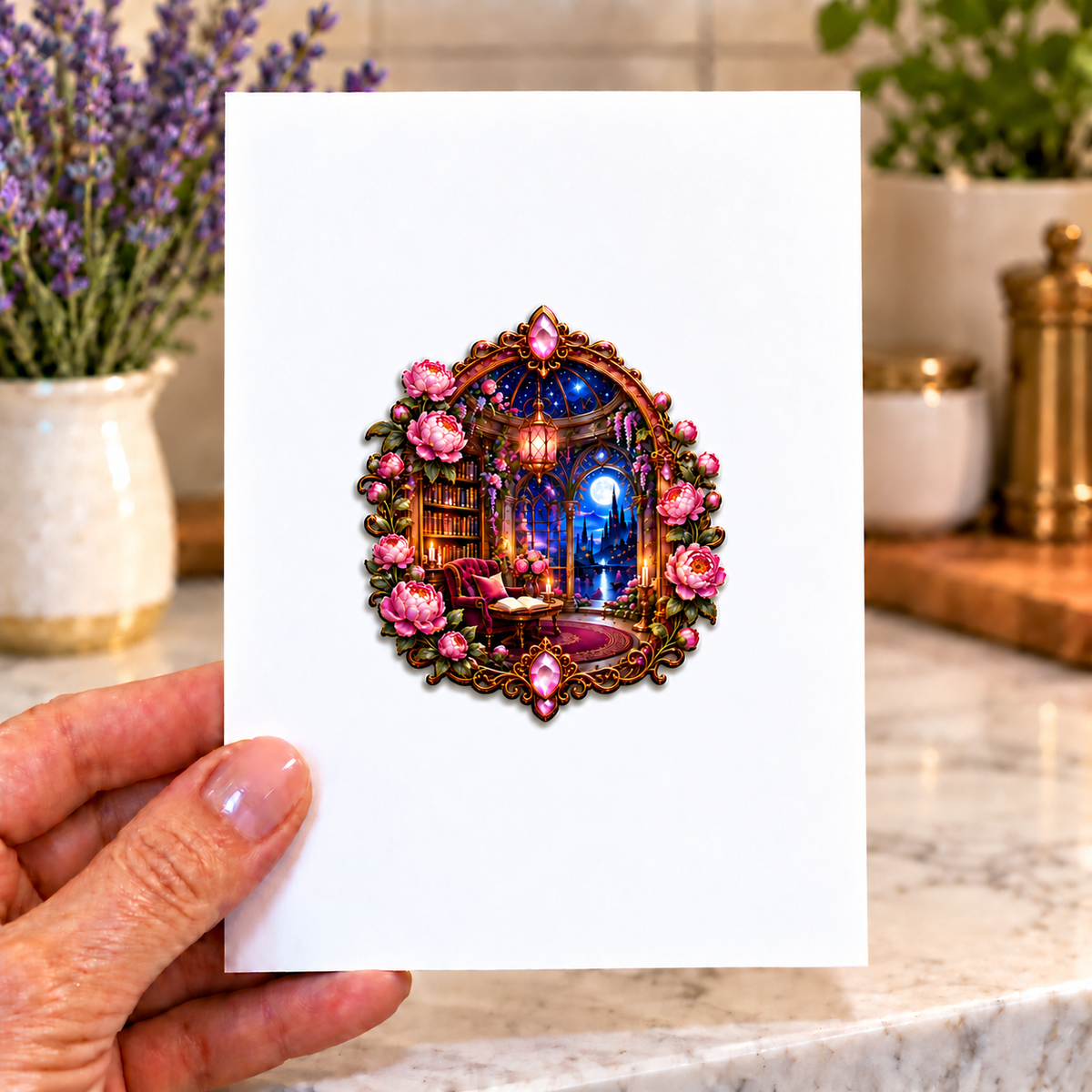 Peony Moon Palace Canopy Acrylic Refrigerator Magnet with printed optical 3D artwork in its use setting