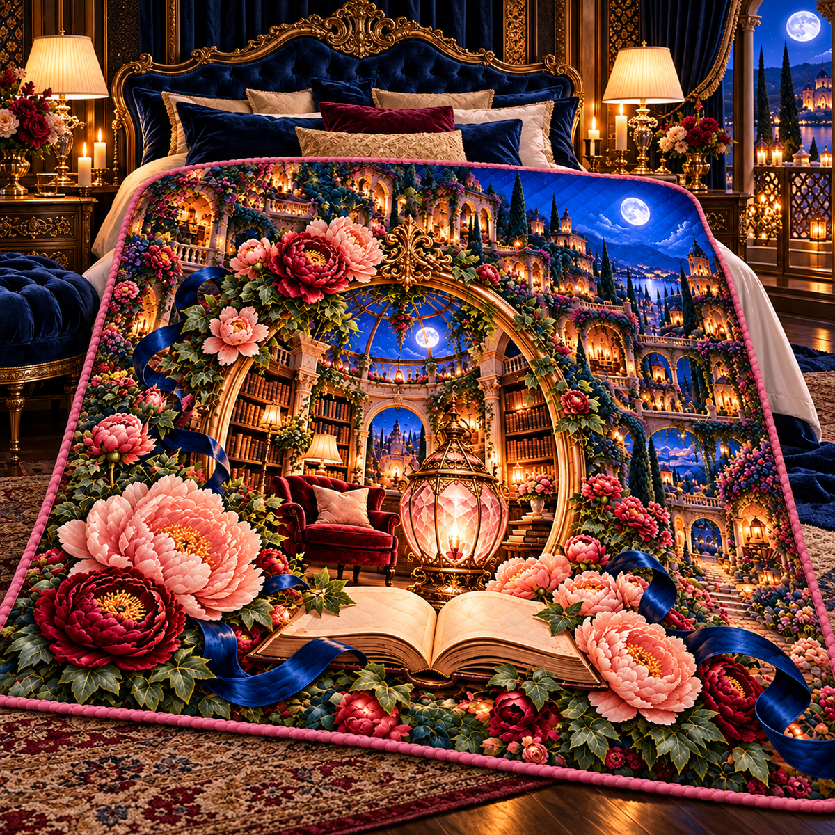 Peony Moon Palace Canopy Quilt Blanket with printed optical 3D artwork in its use setting