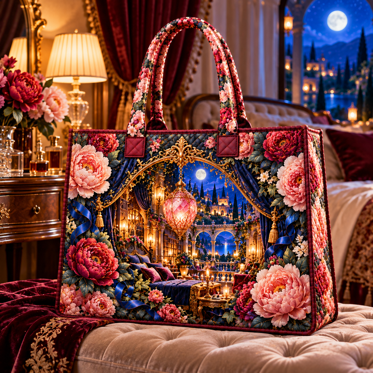 Peony Moon Palace Canopy Quilted Tote Bag with printed optical 3D artwork in its use setting