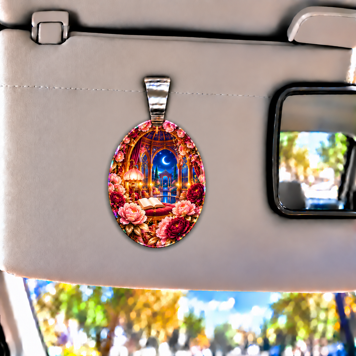 Peony Moon Palace Canopy Holographic Car Visor Clip with printed optical 3D artwork in its use setting