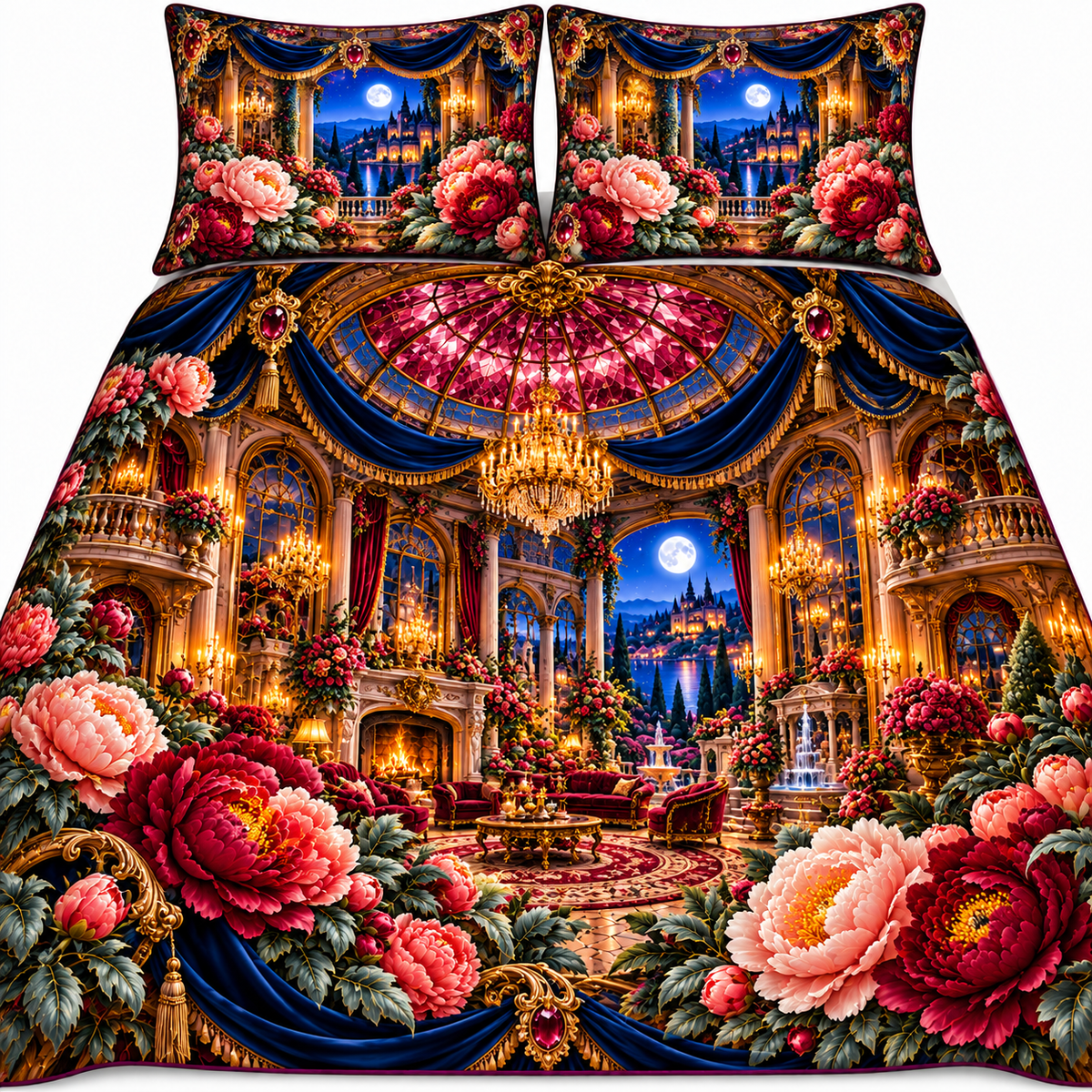Peony Grand Salon Oculus Quilted Bedding Set with printed optical 3D artwork in its use setting
