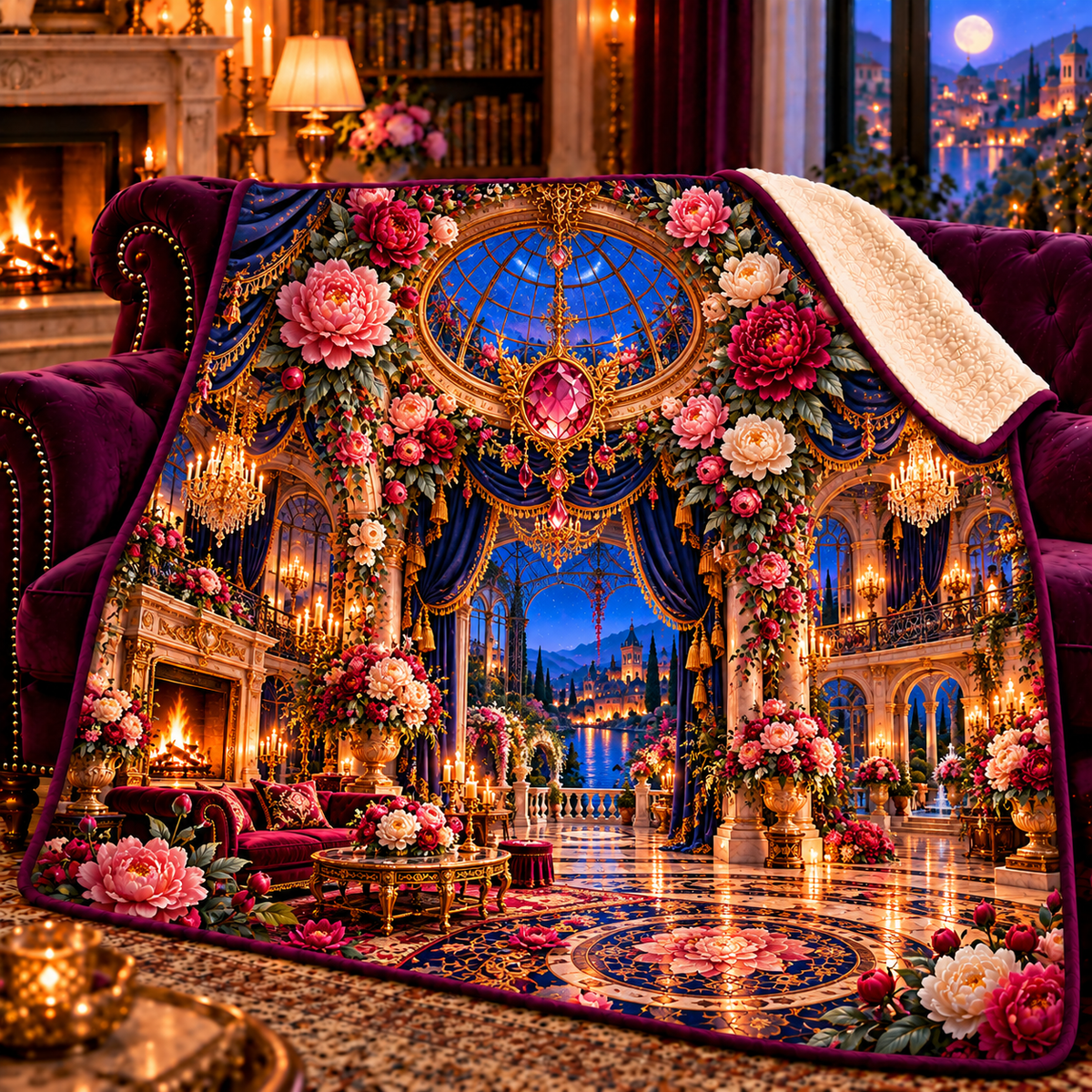 Peony Grand Salon Oculus Sherpa & Fleece Blanket with printed optical 3D artwork in its use setting