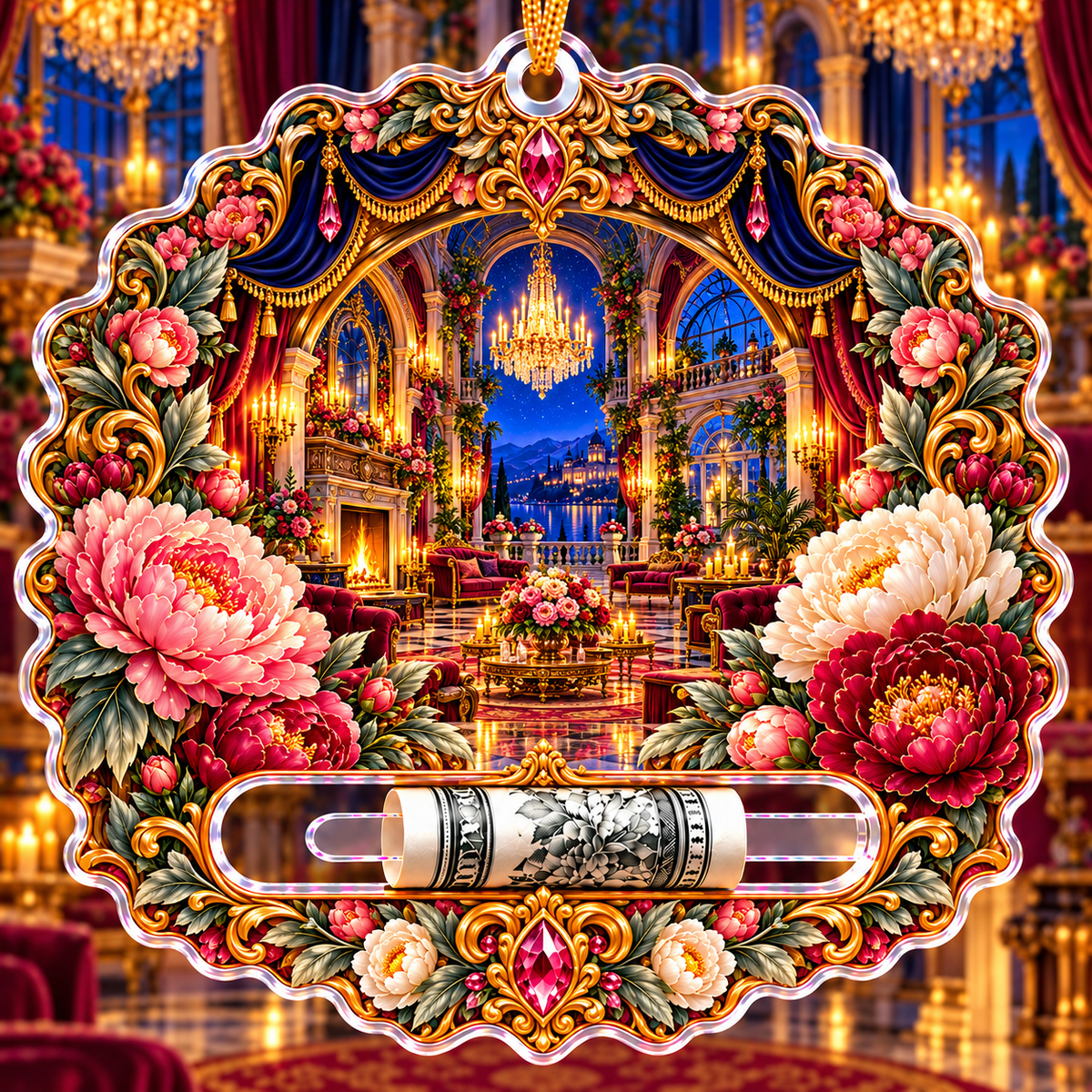 Peony Grand Salon Oculus Acrylic Cash Holder Ornament with printed optical 3D artwork in its use setting