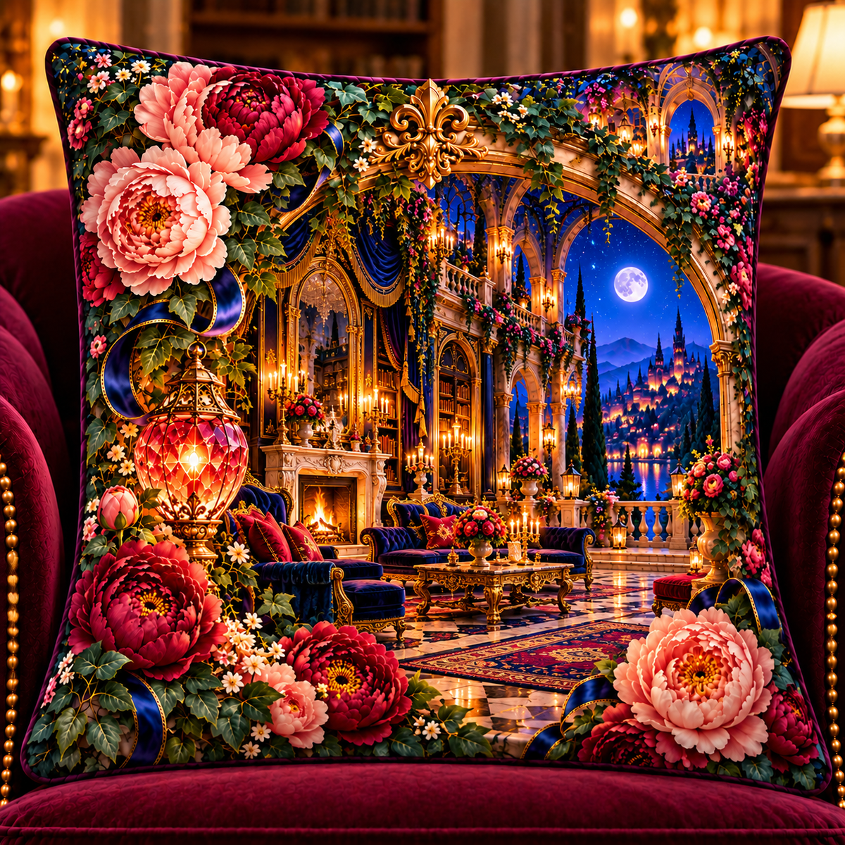 Peony Grand Salon Oculus Quilted Cushion Cover with printed optical 3D artwork in its use setting