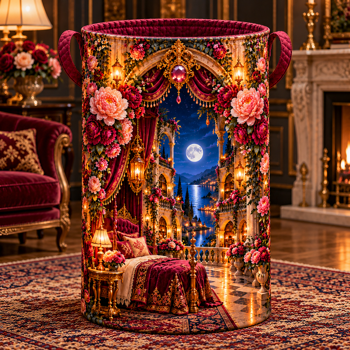 Peony Grand Salon Oculus Laundry Hamper with printed optical 3D artwork in its use setting