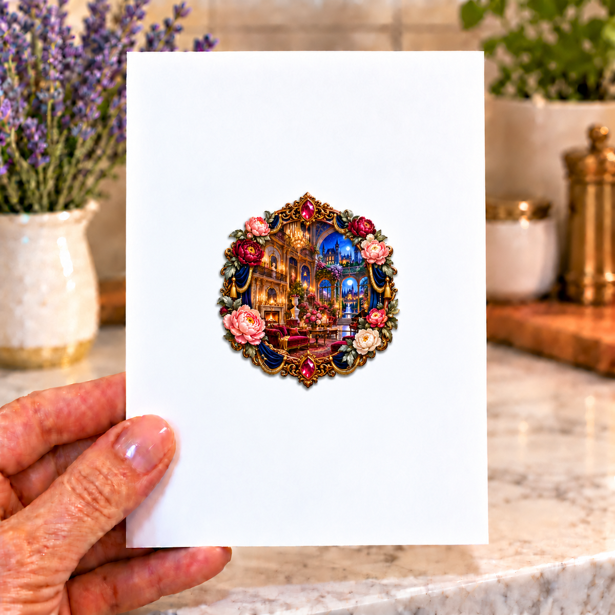 Peony Grand Salon Oculus Acrylic Refrigerator Magnet with printed optical 3D artwork in its use setting